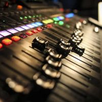 Audio mixing desk in use